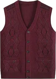 [SWJGLITTR] Men's Plaid Cardigan Vest Argyle Sweater Sleeveless Cardigans V Neck Casual Knit Loose Men Vests, Wine Red, Large