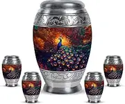 Radiant Peacock with Glowing Sunset Small Cremation Urns for Human Ashes - Small Keepsake Funeral Urn for Male & Female - Burial Urn for Adult Human Ashes Women & Men (Combo of 5, 10" & 3")