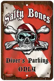 Salty Bones Metal Parking Sign Scuba Diver 12"x8" Skull Pirate Plaque Dive Flag