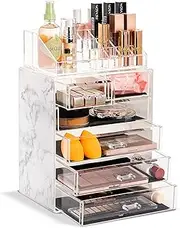 Clear Cosmetic Makeup Organizer - Make Up & Jewelry Storage, Case & Display - Spacious Design - Great Holder for Dresser, Bathroom, Vanity & Countertop (4 Large, 2 Small Drawers - Marble Print)