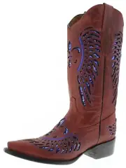 Womens Cowboy Boots Red Fleur-De-Lis Wings Blue Sequins Snip Toe Size 4.5-8
