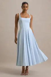 Parina | Powder Blue Strappy Volume-Hem Midi Dress