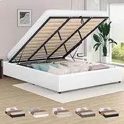 ALFORDSON Bed Frame with Gas Lift Storage Base King Size, Bed Platform Foundation PU Leather Upholstery Without Headboard for Mattress Topper, Wilbur White