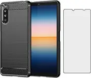 [Asuwish] Phone Case for Sony Xperia 10 III 3 / Xperia10III 5G with Tempered Glass Screen Protector Cover and Cell Accessories Slim Soft Silicone Experia 10III 5G XQ-BT52 Women Men Carbon Fiber Black