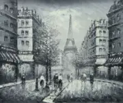 20x24 Walk to Eiffel Tower Oil Painting Impressionism Black White Cityscape