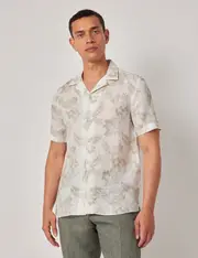 Hawes & Curtis Beige & White Floral Pure Linen Slim Shirt | Short Sleeve | Revere Collar Size: Small