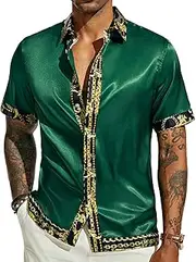 [PJ PAUL JONES] Mens Button Down Shirt Casual Stretch Satin Silk Shirts Hawaiian Beach Shirts