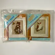 Vtg Columbia Minerva Mini Crewel Kits w/Frames Raccoon & Owl 1974 Erica Wilson