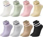 [Zuimei] 8 Pairs Ladies Socks, Striped Women Socks 4-7 Trainer Ankle Socks Breathable Walking Hiking Sports Socks Cotton Athletic Socks Casual Socks Multipack for Womens, Multicolour, One size