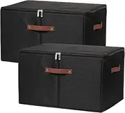VinneGenzz 2 Pack Storage Bins with Zipper Lid Cotton Linen Fabric Lidded Storage Baskets Boxes Foldable Washable Closet Shelf Clothes Organizer Container with PU Leather Handles (Black, Jumbo Size)