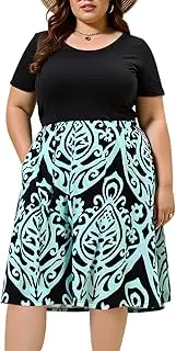 [Nemidor] Women's Round Neck Summer Casual Plus Size Fit and Flare Midi Dress with Pocket (28, 155BluePrint)