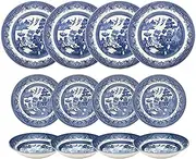 Churchill Blue Willow Dinner Plates, Salad Plates and Coupe Bowls 12 Piece Dinnerware Set, Made in England