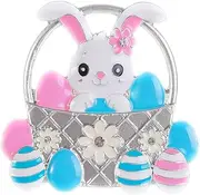 [Fankeshow] Easter Bunny in Basket Brooch Pin with colorful Eggs - Silver Base Charm for Easter Celebration, Large, Metal, no gemstone