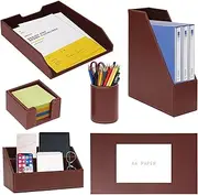 6 Piece Office Supplies/Desk Organizer Set with Desktop Leather Writing Pad,File Paper Tray,Magazine folder Holder, Pen Cup,Sticky Note Holder,Letter Mail Sorter,Workspace Decor for Women Men (Brown)