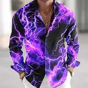 Men's Lightning Neon Glow Shirt Button Up Shirt Long Sleeve Cyberpunk Vacation Daily Streetwear Summer Spring Turndown 3D Print Collared Shirts Purple