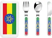 Flag Of Ethiopia 3 Piece Set For Camping Stainless Steel Flatware, Spoon, Fork, Knife, Ideal For Outdoor