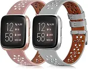 2 Packs Lace Leather Band Compatible with Fitbit Versa 2 Bands, Soft Hollow-out Floral Leather Straps Replacement Accessory Wristband for Fitbit Versa/Fitbit Versa 2/Versa Lite/Versa SE Women Men