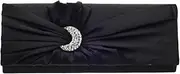 [Damara] Womens Pleated Satin Moon Shape Crystal Clutch Evening Bag,Black