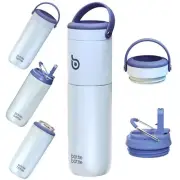 Insulated 18oz Water Bottle, Straw, 2 Lids, Slim Can Cooler Stainless Steel Blue
