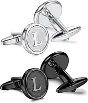 [ORAZIO] Cufflinks For Men Engraved Initials Cufflinks Silver Black Set Stainless Steel Tuxedo Shirt Cuff Links Letter Alphabet A-Z Gift With Box For Wedding,Dad,Groom,Groommen,Husband