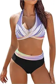 [Generic] Women's High-Waisted Bikini Set Tummy Control Swimsuit Color Matching Flower Print Chest Cross Bikini Push-Up 2 Piece Swimsuit Sexy Bathing Suit Slimming Swimwear