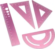 Pink Metal Geometry Tool Alloy Ruler Set 4 Pack Stationery Protractor Ligtweight