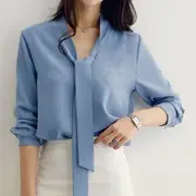 Long-Sleeve V-Neck Plain Lace Up Bow Chiffon Blouse Blue - M