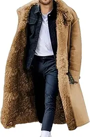 [Qolkmuiy-GJ] Men's Faux Fur Warm Lapel Overcoat Thicken Soft Snow Shaggy Outerwear Long Sherpa Fleece Lined Trench Coat