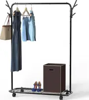 Industrial Garment Rack with Wheels & Hooks - Black