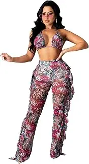 [OLUOLIN] Women Beading Pearl See Through Sheer Mesh 2 Pieces Outfits Jumpsuits Crop Top and Hollow Out Ruffle Long Pants
