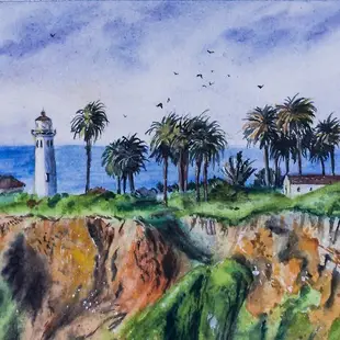 Lighthouse Landscape Painting Original Watercolor Seascape Interior Wall Art