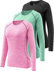 [Ullnoy] 3 Pack Women's Long Sleeve Gym Tops Quick Dry Workout Running T Shirt Breathable Yoga Sports Crew Neck Thermal Undershirt