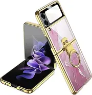 COQUE Galaxy Z Flip 3 5G Case with Ring, 9H Tempered Glass, Shiny Shell and Foil Integrated Phone Case, Foldable Phone Case for Samsung Galaxy Z Flip 3 5G Purple Pink