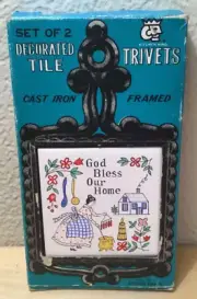 Vintage Cast Iron Ceramic Tile Trivet Set of 2 God Bless JAPAN 9" NEW in Box