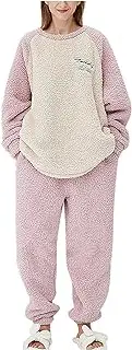 [Generic] Sleep Shorts Set Women's 2 Piece Thickened Warm Flannel Long Pyjama Set Plush Autumn Winter Sleepwear Plaid Fleece Sleepwear Camping Clothes for Women