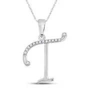 14k White Gold Round Diamond Initial T Letter Pendant 1/10 Cttw