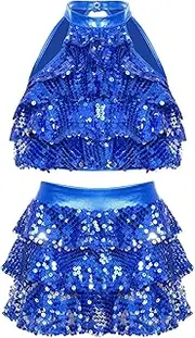 [Oyolan] Girls Hot Pink 2 Piece Dance Outfit For Kids Sequin Crop Top With Skirt Set Jazz Latin Salsa Rumba Costume