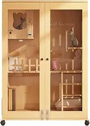 3 Tier Cat Enclosures, Large Cat Cage, Wooden Cat Playpen, Transparent Door, with Light, with Ladder Fence, Pet Playpen, with Side Door, Cat House, Original Wood Color(35.4x23.6x59.1in)
