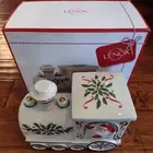 Lenox Hosting the Holidays Santa and Train Cookie Jar Porcelain 24K Gold Accents