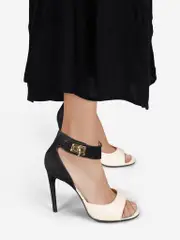 White & Black Leather Ankle Strap Sandals
