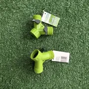 2 Way Green Garden Water Plastic Hose Splitter With Valve Switch SET OF TWO