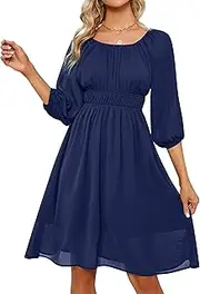 [YATHON] Women's Fall Ruffle Dress Chiffon 3/4 Sleeve Square Neck Elastic Waist Aline Casual Dresses