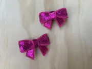 1 X Pair Of Piggy Clips Bow Hair Accessory Faux Leather Fuschia Sequins Bows