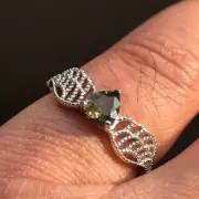 Moldavite Perfect Czech Meteorite Ring Love Cut Polish 925 Silver Frame US Sz 7