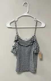 American Eagle Soft Top Size S Navy/white Gingham Cold Shoulder Ruffle Womens