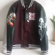 ED HARDY BURGUNDY BLACK DEATH OR GLORY VARSITY BOMBER JACKET MENS MEDIUM NWT