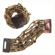 Gold Beaded Bracelet Glass & Mother of Pearl Beads Elastic Wooden Clasp GIFT BOX