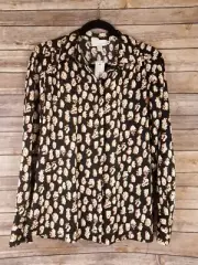 Topshop Fingerprint Satin Button Up Blouse Women Size 4 Black Multi Long Sleeve