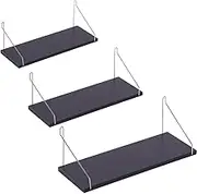TOMVAES 3pcs Floating Shelves with Durable Material, Middle Size Solid Wood Shelf, No Drilling Wall Mounted Storage Shelves Adhesive for Living Room Bedroom Bathroom Kitchen Laundry (Black)
