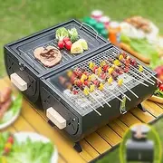 Portable Barbecue for Grilling and Frying, 52 x 38 cm, Double Sided Cooking, Carbon Side Traction, Hinged Design, Easy to Clean, for Travel, Garden, Picnics, Black